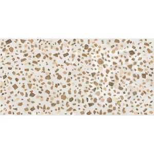 GRESIE TERRAZZO CARVING - 60X120 cm, portelanată, rectificată, cu finisaj mat și efect carving, ideală pentru spații creative interioare si exterioare, cu design crem și inserții maro.