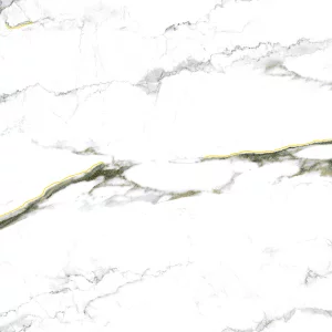 GRESIE GS (INK 1017) GOLDEN STREAM ENDLESS - 60X120 cm, portelanata, glazurata, rectificata, cu finisaj lucios și efect Gold Carving, design endless marmorat alb cu inserții gri si aurii fine, ideal pentru spații rafinate.
