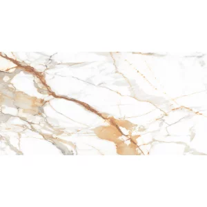 GRESIE CARRARA BROWN - 60X120 cm, portelanata, cu finisaj mat, aspect marmorat în nuanțe de alb, bej și vene aurii-maronii. Ideală pentru spații elegante, compatibilă cu încălzirea în pardoseală.