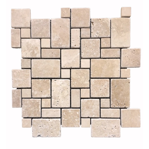 Mozaic din Travertin CLASSIC MINI FP - 30.5x30.5 cm, grosime 1 cm, bej, finisaj tumbled, nechituit, tip French Pattern, ideal pentru decoruri elegante și naturale.