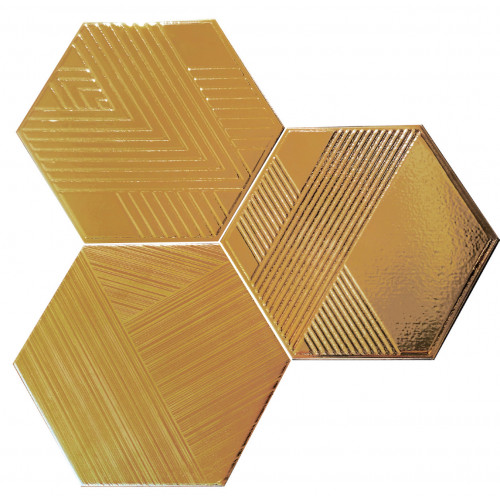 PLACA DECOR FAIANTA FAME GOLD HEXAGON 20X23 CM, aurie in forma de hexagon, lucioasa, nerectificata