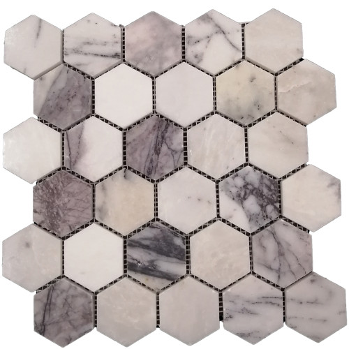 MOZAIC DIN MARMURA LUCIOASA, PE PLASA,LILAC HEXAGON 27.7x28.9, ALB SI GRI