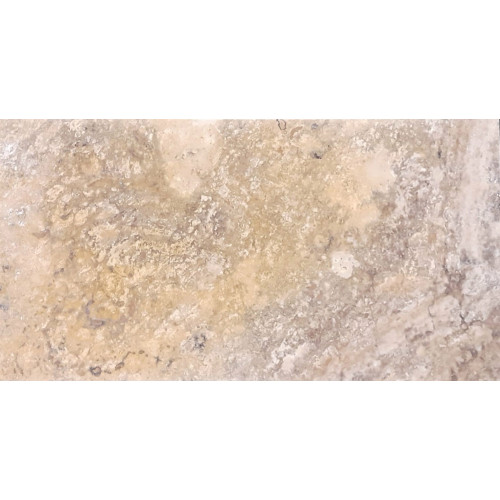 Placa din travertin natural SCABAS - 30.5x61x1.2 cm, cu finisaj Filled and Honed (chituit si slefuit), în nuanțe calde de bej, galben, crem și accente maro, ideal pentru pardoseli și pereți interiori sau exteriori.