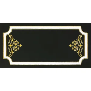 PLACA DECOR FAIANTA FC-36PH2102-1 - 30X60 cm, portelanata, glazurata, rectificata, negru lucios cu bordură albă și ornamente aurii în colțuri, finisaj Crystal, tehnologie Nano Inkjet și Silk Printing.