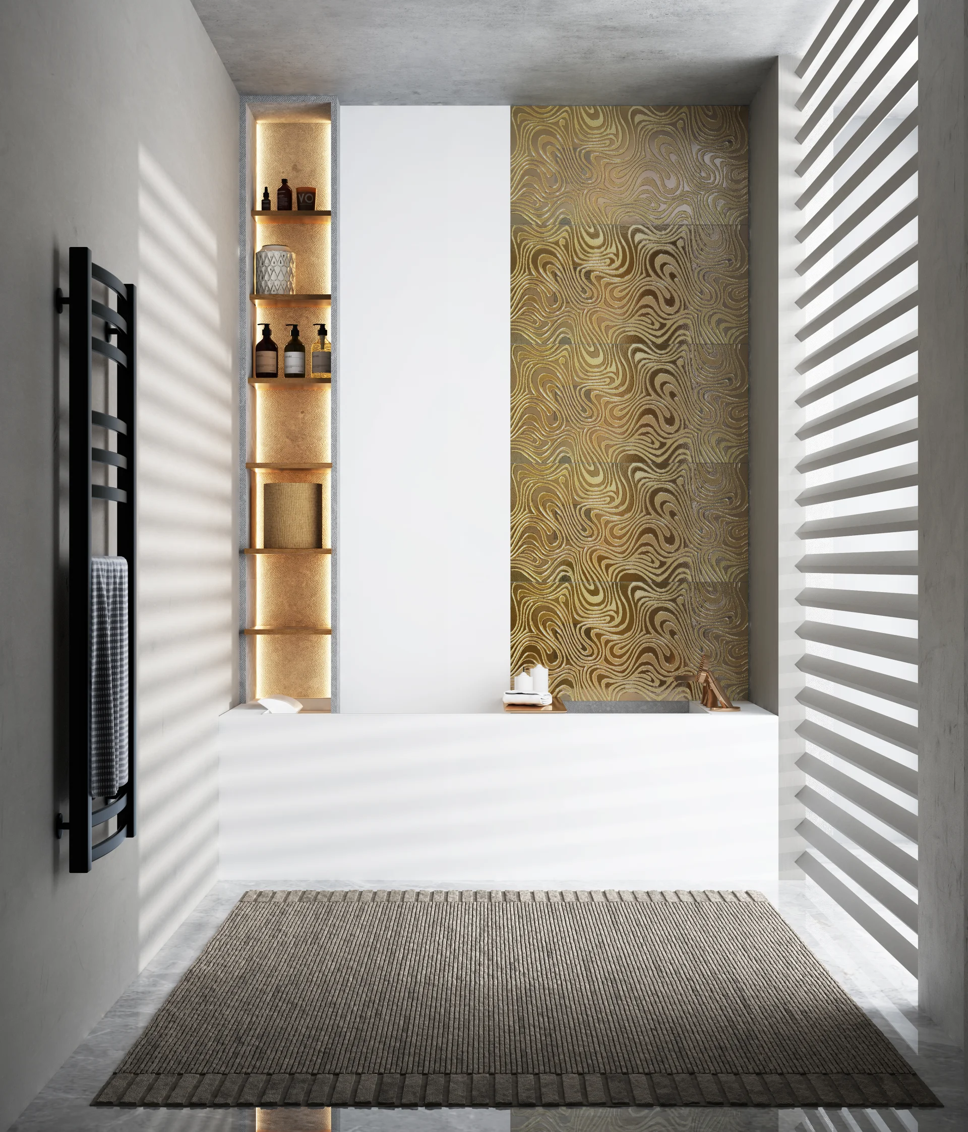 PLACA DECOR FAIANTA FC-36JMHG1943 - 30X60 cm, portelanata, glazurata, rectificata, lucioasă tip oglindă, cu model ondulat auriu în relief, elegantă și sofisticată, ideală pentru interioare luxoase.