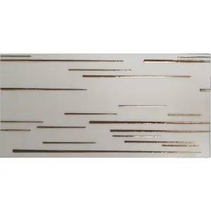 PLACA DECOR FAIANTA FC-NO02844A - 30X60 cm, portelanata, glazurata, rectificata, cu design minimalist și inserții aurii pe fundal alb lucios, ideală pentru interioare moderne și elegante.