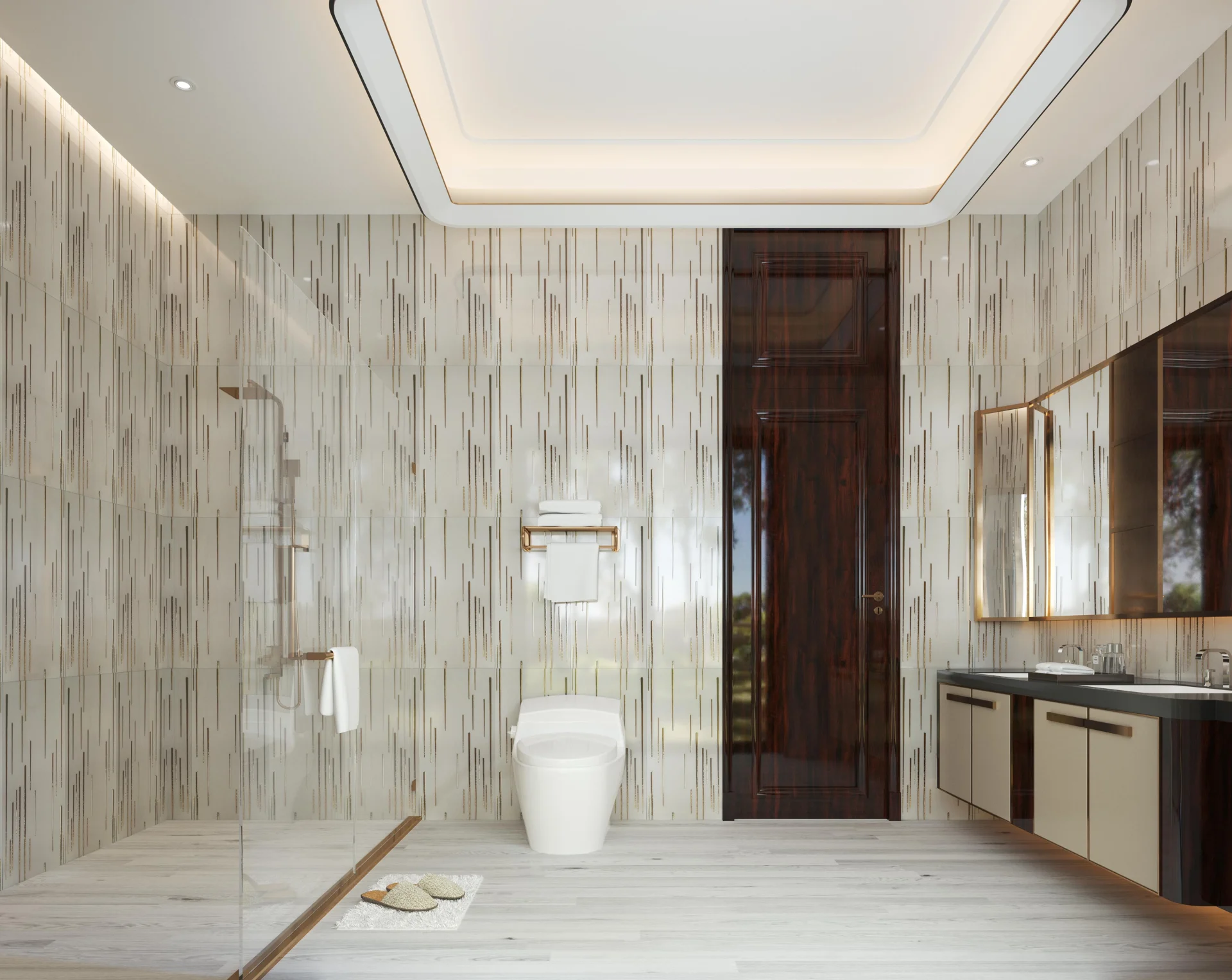 PLACA DECOR FAIANTA FC-NO02844A - 30X60 cm, portelanata, glazurata, rectificata, cu design minimalist și inserții aurii pe fundal alb lucios, ideală pentru interioare moderne și elegante.