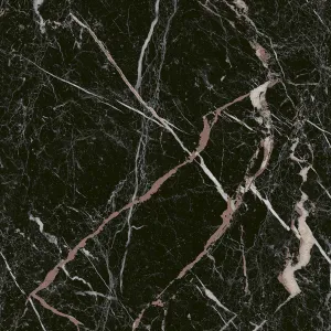 GRESIE ITALIANO BLACK FLOOR - 30X30 cm, ceramica glazurată, mată, rectificată, pentru interior, cu design tip marmură neagră cu vinișoare albe și accente bronz.