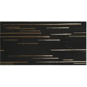 PLACA DECOR FAIANTA FC-NO02844B - 30X60 cm, portelanata, glazurata, rectificata, design modern cu inserții aurii pe fundal negru lucios, eleganță contemporană pentru interioare sofisticate.