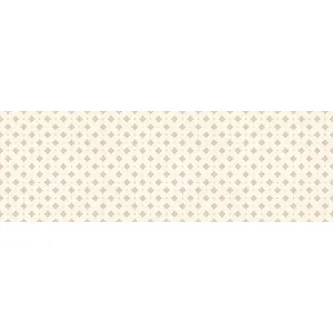 FAIANTA KAILA LT - 25X75 cm, ceramica glazurata, rectificata, se remarcă printr-un design elegant și rafinat, cu un fundal crem deschis și un model repetitiv de mici elemente decorative maro și bej, dispuse simetric. Finisajul lucios adaugă un plus de luminozitate și eleganță, ideal pentru interioare clasice sau vintage.