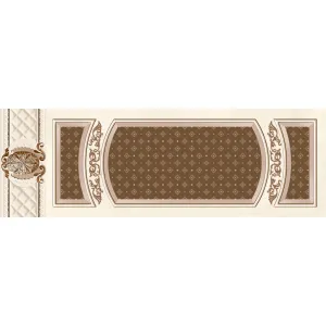 FAIANTA KAILA ROYAL HL - 25X75 cm, ceramica glazurata, rectificata, suprafata lucioasa, finisaj in relief, se distinge printr-un design clasic decorativ, cu un fundal crem cald și accente bogate de maro și bej. Modelul elaborat, în stil baroc, încadrează central un panou ornamentat cu detalii simetrice, oferind un efect vizual impunător și rafinat.