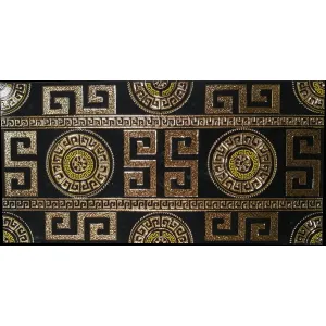 PLACA DECOR FAIANTA FC-36JMHG1903-1 BLACK - 30X60 cm, porțelanată, glazurata, rectificata, lucioasă cu fundal negru intens și inserții aurii cu motive geometrice grecești, ideală pentru interioare sofisticate.