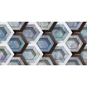 FAIANTA S NUVOLO AZURE HL - 30X60 cm, ceramica glazurata, rectificata, suprafata granulata, finisaj sugar, se evidențiază printr-un design tridimensional spectaculos, cu un model geometric compus din hexagoane adâncite, în nuanțe de albastru, verde și accente ruginii. Jocul de volume și culori conferă dinamism și profunzime vizuală, fiind ideal pentru pereți accent sau decoruri contemporane.
