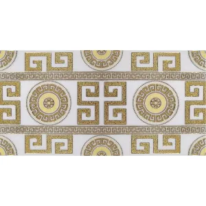 PLACA DECOR FAIANTA FC-36JMHG1903-2 WHITE - 30X60 cm, porțelanată, glazurata, rectificata, lucioasă cu fundal alb elegant și detalii aurii de inspirație grecească, ideală pentru accente rafinate.