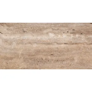 FAIANTA TRAVERTINE NATURAL DK - 30X60 cm, ceramica glazurata, rectificata, suprafata embosată cu striații decorative, finisaj lucios, aspect travertin în nuanțe calde de bej si maro, eleganță naturală și profunzime în orice ambient interior.