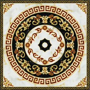 COVOR CERAMIC FC-80PHP14-2108-1 (4 PLACI) - 160X160 cm, design clasic cu motive grecești și arabescuri în nuanțe de negru, bordo, crem și auriu, format din 4 plăci portelanate glazurate.