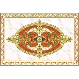 COVOR CERAMIC FC-14452A-G-J (6 PLACI) - 120X180 cm, cu motiv baroc oval în nuanțe de roșu imperial, auriu și crem pe fundal marmorat.