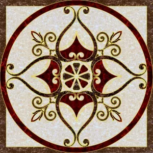 COVOR CERAMIC FC-66PHP14-2109 (4 PLACI) - 120X120 cm, design simetric floral cu accente în roșu granit și bej, realizat din 4 plăci portelanate glazurate.