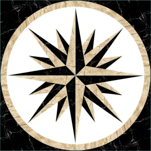 COVOR CERAMIC FC-4416C-G-J - 120X120 cm, design cu roza vânturilor în alb, negru și bej, ideal pentru spații elegante sau moderne, compus din 4 plăci portelanate glazurate.