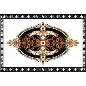 Covor ceramic FC-10692-G – 120x180 cm, design baroc luxuriant pe fundal negru cu detalii aurii și accente roșiatice. Format din 6 plăci lucioase, perfect pentru amenajări clasice.