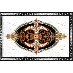COVOR CERAMIC FC-11937-G (6PLACI) - 120x180 cm, design baroc oval cu fundal negru și accente aurii. Format din 6 plăci lucioase, ideal pentru spații clasice și luxoase.