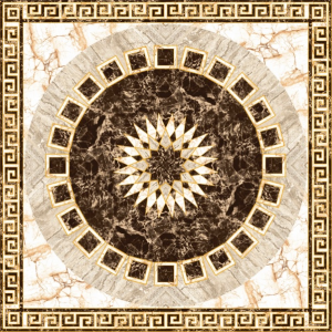 COVOR CERAMIC FC-12250-G (4 PLACI) - 120X120 cm, model geometric radial pe fundal marmorat, în nuanțe de maro, bej și auriu.