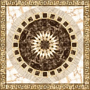 COVOR CERAMIC FC-12250-G (4 PLACI) - 120X120 cm, model geometric radial pe fundal marmorat, în nuanțe de maro, bej și auriu.