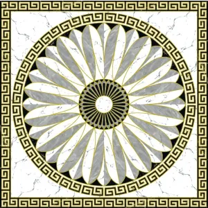 COVOR CERAMIC FC-66PHP14-2105 (4 PLACI) - 120X120 cm, model floral radial cu petale în nuanțe de gri și alb, accentuat cu detalii aurii și bordură neoclasică, format din 4 plăci portelanate glazurate. 
