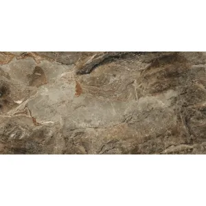 GRESIE VESUVIO BROWN - 60X120 cm, porțelanată, în nuanțe de maro intens cu variații naturale și nervuri contrastante, aspect mat de piatră vulcanică, ideală pentru spații interioare și exterioare moderne și rezistente.