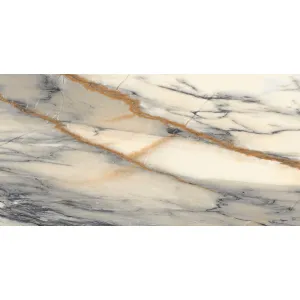 GRESIE PAONAZZO - 60X120 cm, porțelanată, glazurata, rectificata, suprafata lucioasă, aspect de marmura naturala în nuanțe crem-ivoire cu vene portocalii și gri-închis, recomandată pentru pardoseli și pereți, interior/exterior.