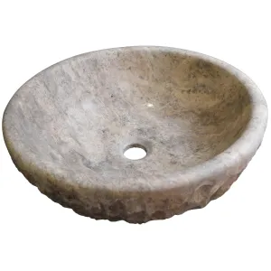 LAVOAR DIN TRAVERTIN SILVER - 42X15 cm, rotund, aspect rustic deosebit interior chituit și șlefuit, cu exterior scapitat, gri-argintiu cu variații naturale bej, montaj pe blat, un echilibru între estetică naturală și finisaj premium.