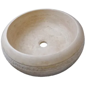 LAVOAR DIN TRAVERTIN CU LINII - 42x15 cm, rotund, clasic, finisaj mat, chituit și șlefuit, exteriorul gravat cu linii orizontale fine, oferindu-i un aspect distinct de pus pe blat.
