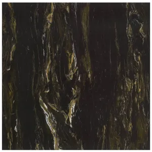GRESIE JBN83136D - 80X80 cm, porțelanată, full body, glazurata, în nuanțe de negru profund cu vene aurii și albe, aspect de marmură luxuriantă lucioasă, ideală pentru spații moderne și elegante.