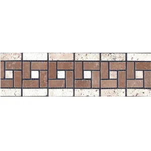 BORDER DIN TRAVERTIN NOCHE AND CLASSIC AC2 - 7.5X30.5X1 cm, montat pe plasă, finisaj antichizat, nechituit, in nuante de maro închis si bej deschis, perfect pentru accente clasice și contrast vizual elegant.