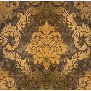 GRESIE T60225G-M - 60X60 cm, porțelanată, decorativă, în nuanțe de maro cu detalii aurii baroce, finisaj super lucios High Glossy Mirror, ideală pentru placare pereti, pentru interioare elegante și luxoase.