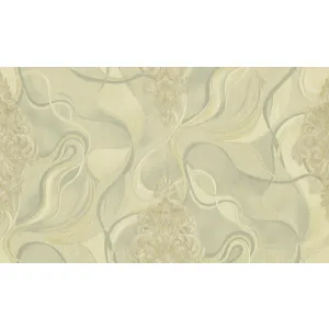 TAPET PVC ROYAL 90919A - 106X1000 cm (10.6 mp/rolă), în nuanțe elegante de bej-auriu și gri deschis, cu model baroc stilizat și linii fluide aurii. Finisaj mat-satinat cu accente sidefate, potrivit pentru decoruri rafinate.