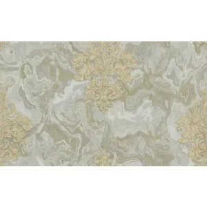 TAPET PVC ROYAL 90940 - 106X1000 cm (10.6 m²/ rolă), PVC, lavabil, model abstract cu fundal marmorat în nuanțe de gri și bej și motiv baroc bej-auriu, ideal pentru interioare sofisticate.