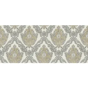 TAPET PVC ROYAL 95038 - 106X1000 cm (10.6 m²/ rola), PVC, lavabil, model damasc baroc în relief, în nuanțe elegante de auriu și argintiu, fundal crem, ideal pentru spații clasice și sofisticate.