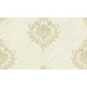 TAPET PVC ROYAL 90920 - 106X1000 cm (10.6 m²/ rola), PVC, lavabil, cu model floral baroc simetric și fundal marmorat, in nuanțe de crem și auriu deschis, ideal pentru decoruri clasice și luminoase.