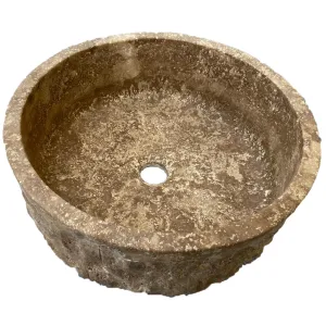 LAVOAR DIN TRAVERTIN NOCHE AC L38 - 15X38 cm, rotund, finisaj interior neted și exterior cioplit manual, montaj pe blat, ideal pentru băi elegante cu design natural si rustic.