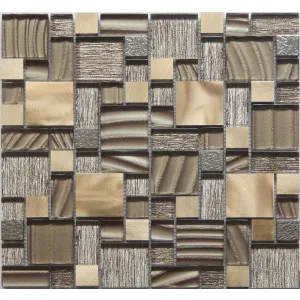 MOZAIC DIN STICLA SI METAL PE PLASA WA894 - 30X30 cm, montat pe plasă, cu finisaj lucios și texturat, în nuanțe de bronz, auriu deschis și bej, perfect pentru decoruri interioare elegante.