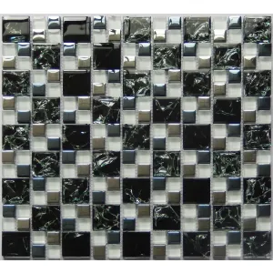 MOZAIC DIN STICLA PE PLASA BLA38083 - 30.5X30.5 cm, montat pe plasă, finisaj lucios, aspect modern în tonuri de negru și argintiu, ideal pentru decor interior.