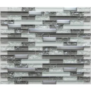 MOZAIC DIN STICLA PE PLASA WA360 - 30X30 cm, montat pe plasă, în nuanțe de gri, alb și argintiu, cu finisaj lucios și metalic, ideal pentru decoruri interioare moderne și elegante.