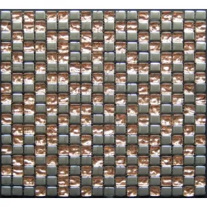 MOZAIC DIN STICLA PE PLASA CK1511 - 30X30 cm, montat pe plasă, finisaj lucios si metalic, în nuanțe de cupru și argintiu, ideal pentru decoruri interioare moderne.