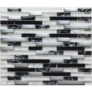 MOZAIC DIN STICLA PE PLASA WA361 - 30X30 cm, în nuanțe de negru, argintiu și transparent, cu finisaj lucios, montaj pe plasă, ideal pentru interior, baie, bucătărie sau spații decorative.