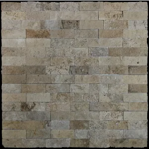 PANEL DIN TRAVERTIN WALNUT - 15X60 cm, grosime variabila 1.5-1.8 cm, finisaj split face, scapitat, in relief, in nuante calde de maro, bej si cafeniu, potrivit pentru placări exterioare și pereți accent interior.