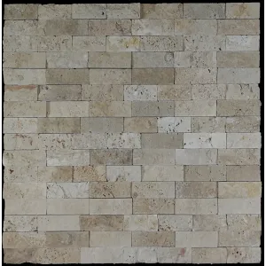 PANEL DIN TRAVERTIN RUSTIC - 15X60 cm, grosime variabila 1.5-1.8 cm, finisaj Split Face, scapitat, in relief, tonuri calde de crem, bej cu accente galbui, ideală pentru placări exterioare sau pereți decorativi interiori.