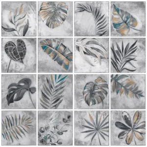 FAIANTA DECOR NG ASTORIA SILVER HL - 30X30 cm, ceramică glazurată cu finisaj rustic punch, mată, gri, in 16 modele unice cu frunze stilizate.