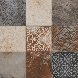 PLACA DECOR 7379 - 30X30 cm, glazurată, mată, rectificată, cu model patchwork în nuanțe de bej, maro, gri, alb și negru, potrivită pentru pereți și pardoseli interioare.