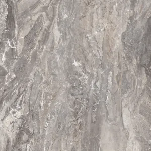 GRESIE OROBICO - 120X120 cm, porțelanată, în nuanțe de gri cu inserții bej și vene elegante, aspect de marmură naturală, finisaj super lucios high glossy, ideală pentru interioare sofisticate.